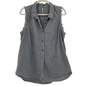 Free People Large Gray Sleeveless Button Tunic Tank Vest Distressed Pockets